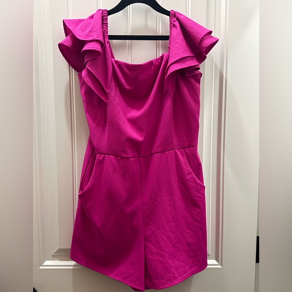 She + Sky Bright Hot Pink Knit Romper with Ruffle Trim
